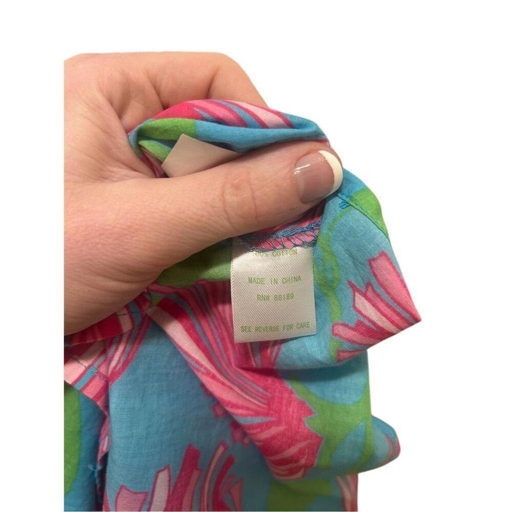Lilly Pulitzer Tunic Top Womens XS Blue Pink Floral Drawstring V-Neck Cotton - Picture 5 of 6